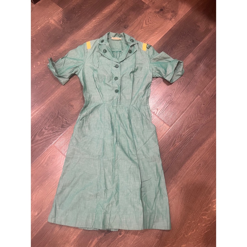 Vintage Official Girl Scouts USA Green Cotton Uniform Dress Short Sleeve Patch‎